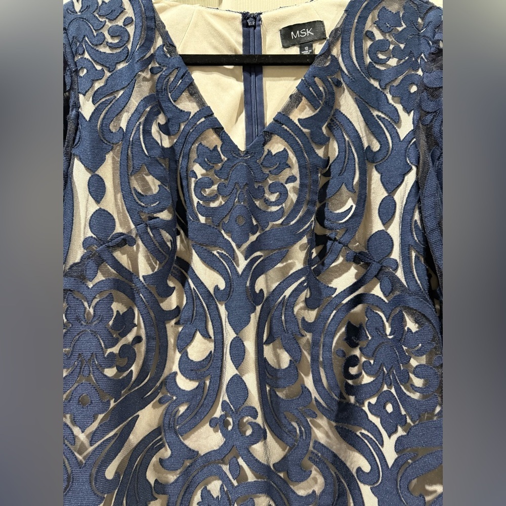 MSK Navy Blue Patterned bell Sleeve Dress with nude lining - Picture 6 of 9